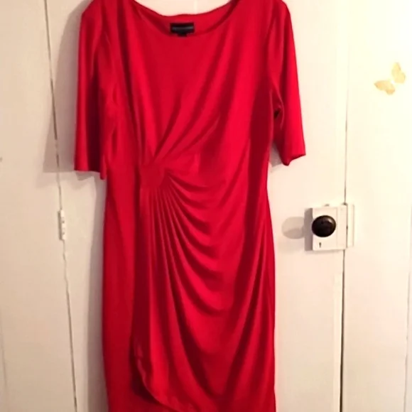 connected apparel red dress Connected Apparel Womens Red Sheer Floral Long Sleeve Crew Neck Short Cocktail Shift Dress Petites 14P